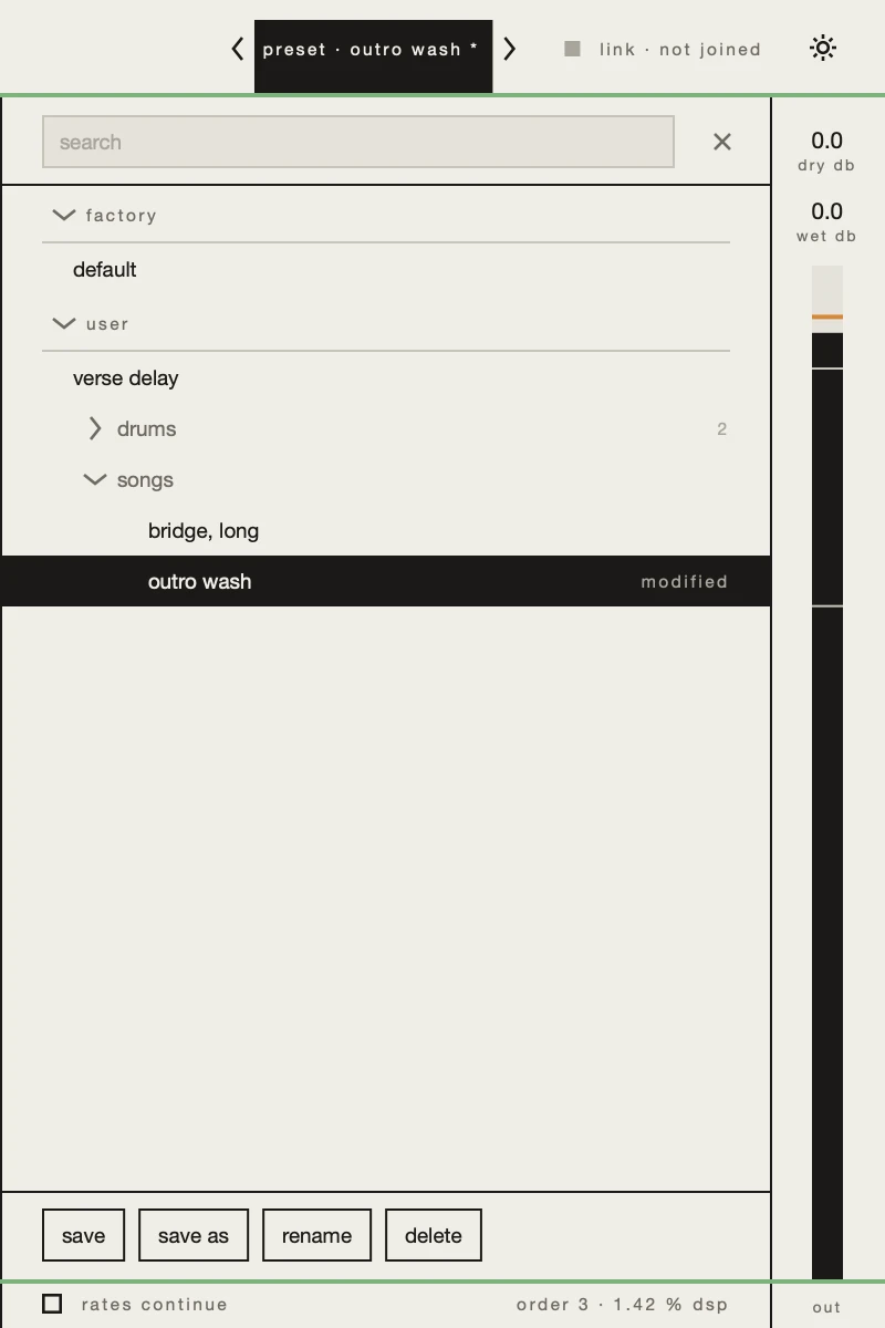 The preset browser open over the panel: search, factory and user presets, folders, and the four actions.