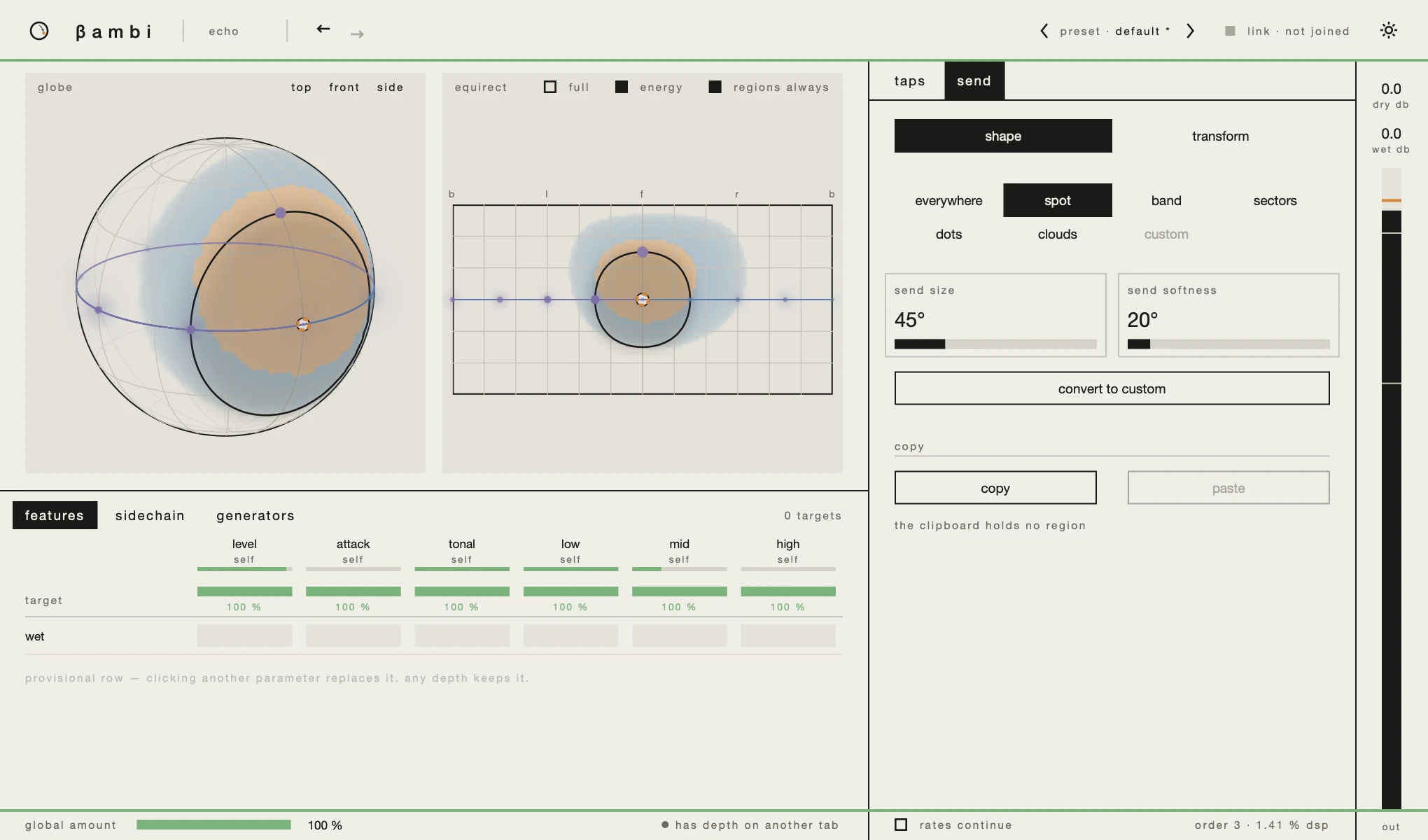 Echo's send tab: a spot region drawn in the scene with its handles, the kind row and its settings.