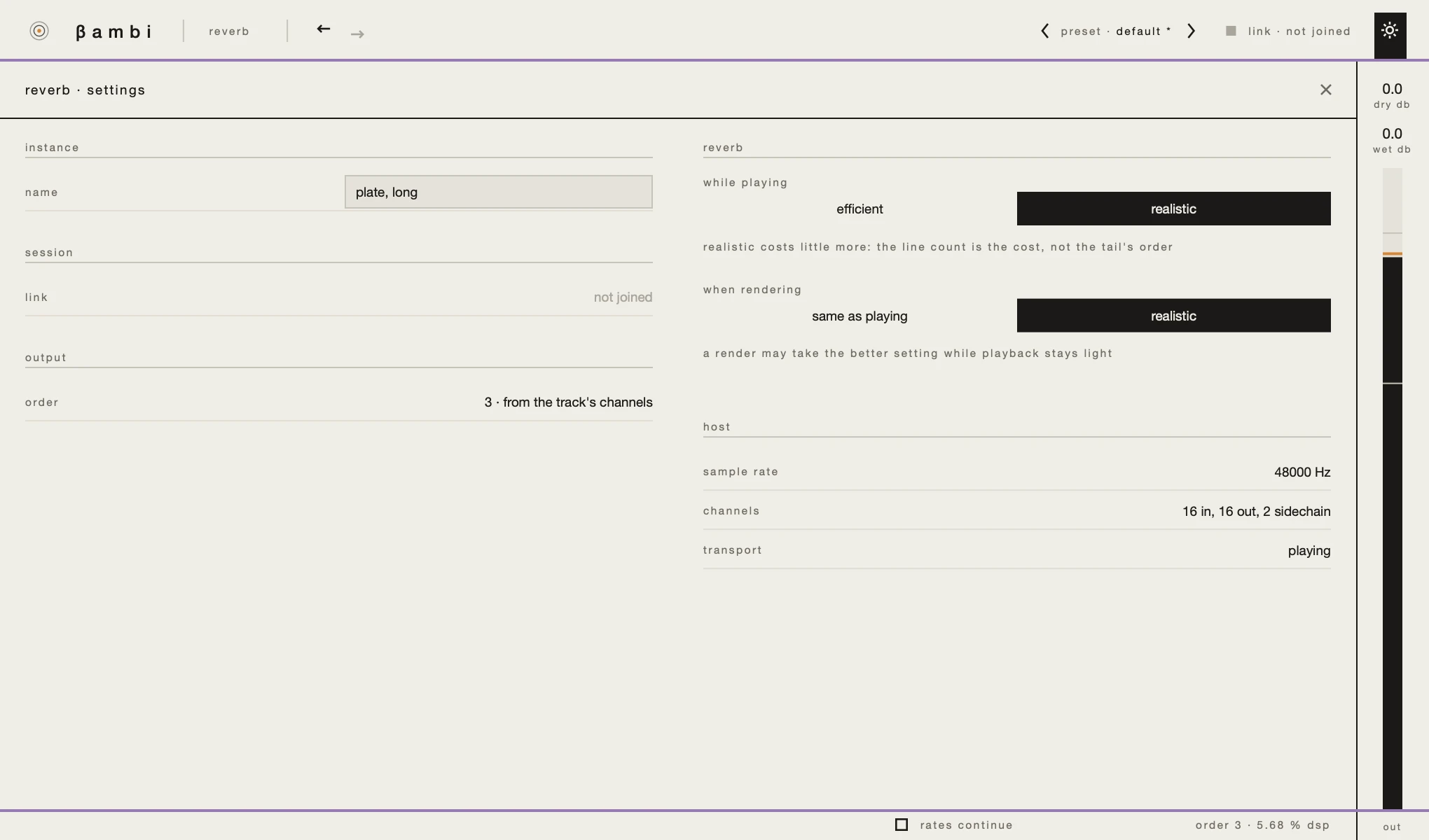 The reverb's settings page: its name, the session, the order, and the reverb's own quality settings.