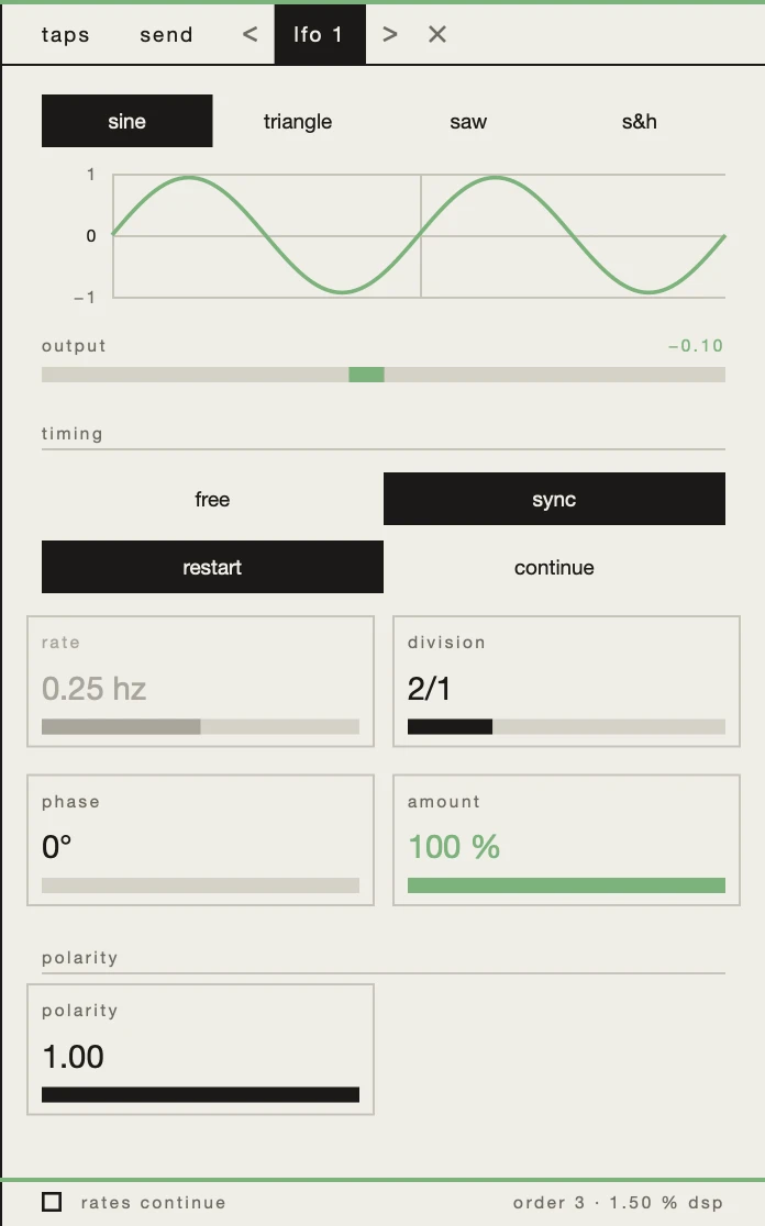 An LFO's page: its wave, its output, its timing, phase, amount and polarity.