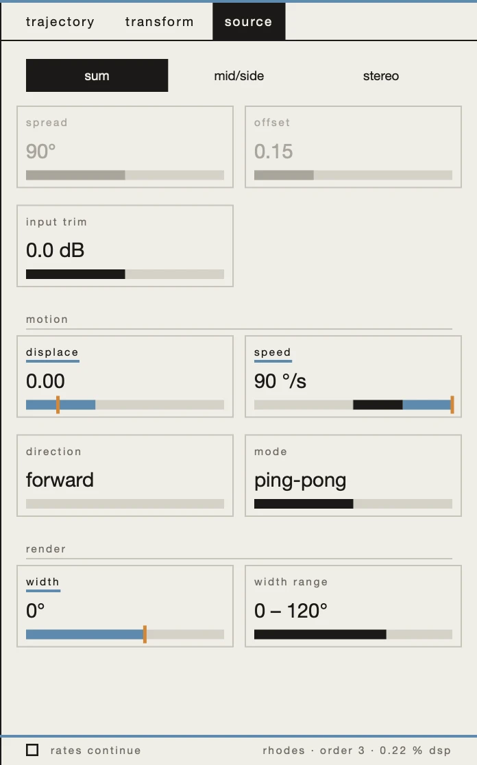 The encoder's source tab: boxes for trim, displace, speed, direction, mode, width and width range.