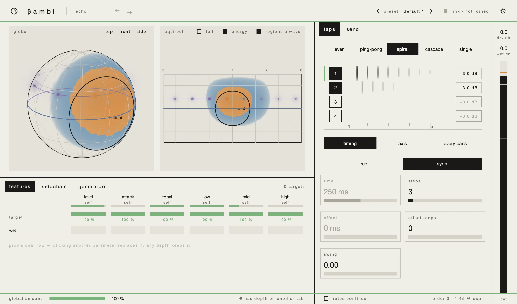 An echo window: header, scene, matrix, the taps tab and the level column.
